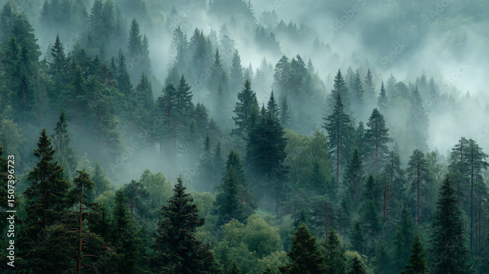 Obraz premium Misty forest landscape showcasing towering evergreen trees and soft fog enveloping the greenery, creating a serene atmosphere.
