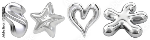 PNG Shiny silver 3D shapes: swirl, star, heart, and abstract form element set on transparent background. photo