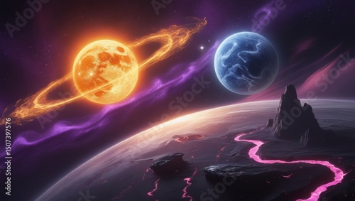 Cosmic Balance: Vibrant Alien Planet with Glowing Lava Rivers & Fiery Sun in a Purple Nebula Landscape.