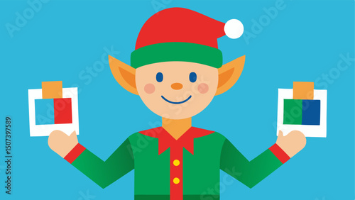 Elf with Flyers A cheerful elf with pointed ears wearing a red and green outfit enthusiastically handing out colorful Black Friday flyers to shoppers in a festive decorated mall.