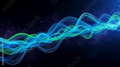 Dynamic abstract blue and green lines flowing smoothly on a dark background in 4K resolution