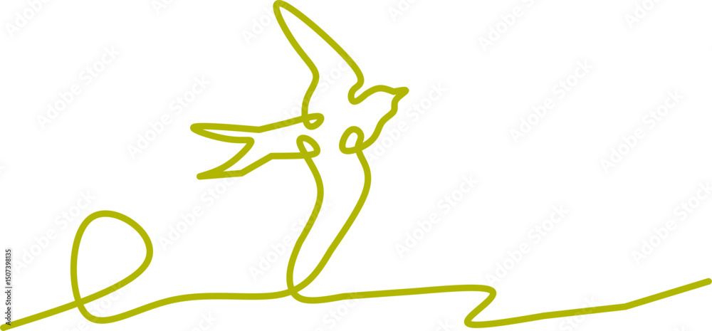 Fototapeta premium Elegant one-line drawing of a bird in flight, sketched in yellow. This minimalistic, artistic design is ideal for nature, freedom, wildlife, and contemporary graphic or branding concepts.