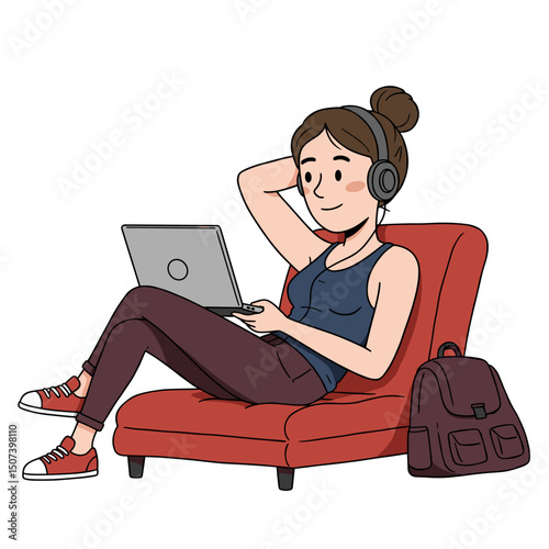 Young woman relaxing on a red armchair with headphones, using a laptop and smiling contently
