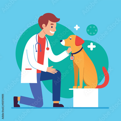 Explore our vector flat color illustration depicting a veterinary examination. Perfect for veterinary clinics, pet care services, and medical illustrations, this graphic captures the caring and profes