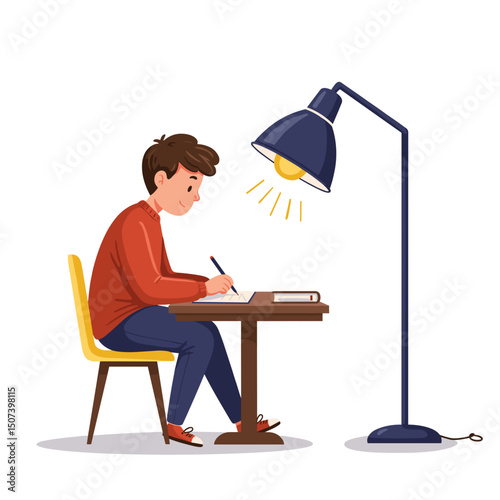 Young boy writing at a desk under a standing lamp, wearing a red sweater and focusing on his work
