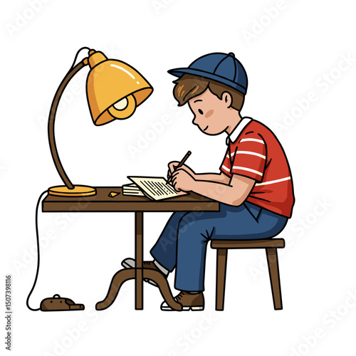 Boy writing in a notebook at a desk under a lamp, wearing a red striped shirt and a cap