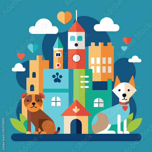 Discover a charming flat illustration showcasing pet care services amidst a bustling townscape, highlighting the convenience and care provided to pets in a vibrant urban setting.
