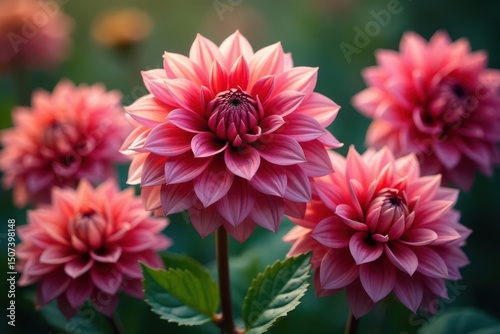Intricate dahlia blooms, vibrant hues, lush petals , surface, vintage