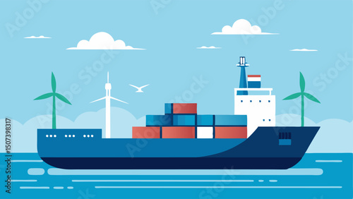 Eco Ship A large cargo ship sailing smoothly on the ocean with wind turbines in the background symbolizing the concept of ecofriendly shipping.