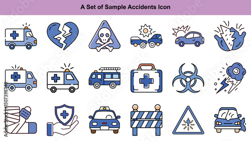 Icons display various accident scenarios and emergency aid in a format for medical awareness