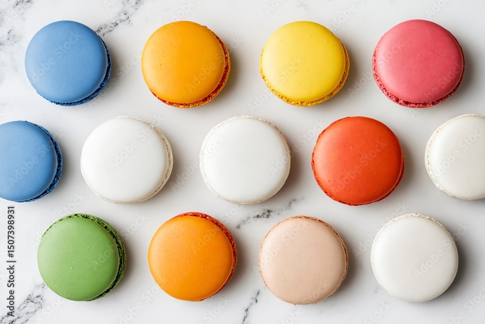 Obraz premium Colorful macarons on marble background for bakery and dessert marketing