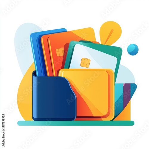 Secure online payment system colorful credit cards in a digital wallet.