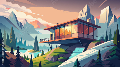 A modern cabin with clean architectural lines is perched on a cliffside, offering a dramatic view of a misty landscape below. Its large glass windows blend contemporary design with nature’s serenity.