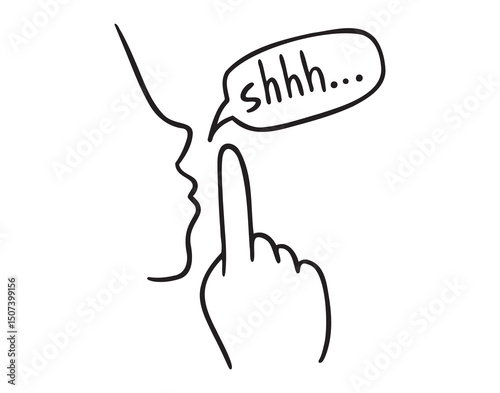 finger in mouth gesture symbol for silence doodle hand drawn icon. Outline drawing finger in mouth gesture line clipart symbol