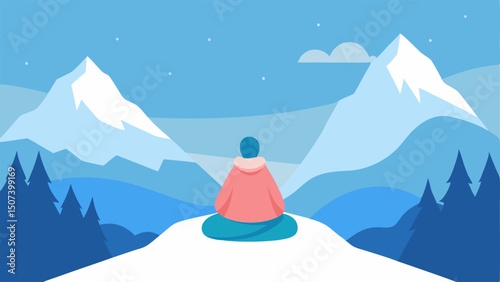 Meditative Cold Exposure Someone meditating on a snowy cliff surrounded by mountains and trees wrapped in a blanket embracing both serenity and cold.