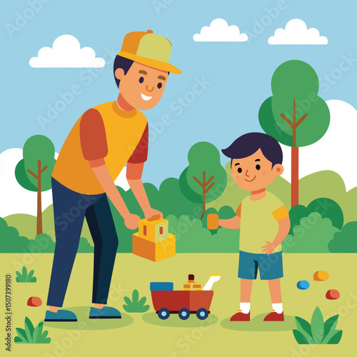 Enjoy the heartwarming scene of a dad and son collecting a constructor set in the park with this cheerful cartoon illustration. Perfect for promoting family bonding, outdoor activities, and creative p