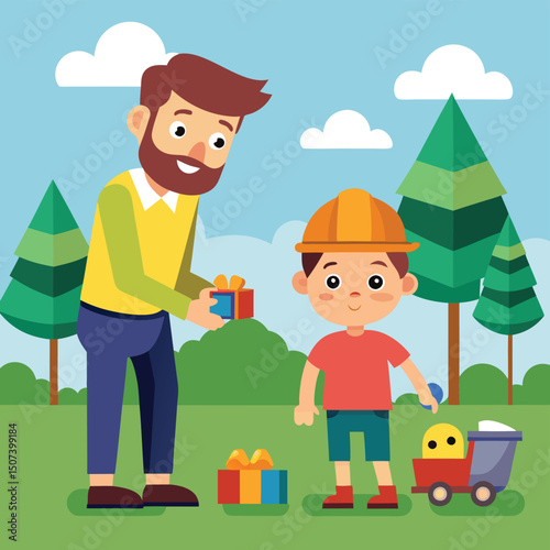 Enjoy the heartwarming scene of a dad and son collecting a constructor set in the park with this cheerful cartoon illustration. Perfect for promoting family bonding, outdoor activities, and creative p