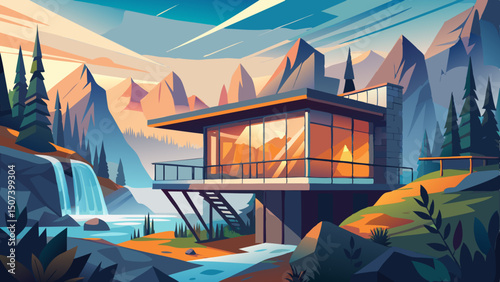 A modern cabin with clean architectural lines is perched on a cliffside, offering a dramatic view of a misty landscape below. Its large glass windows blend contemporary design with nature’s serenity.