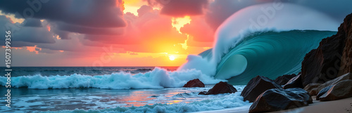 towering ocean wave bursts forth darkening turquoise waters engulfing rocky shoreline fiery sunset explodes across dramatic