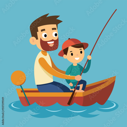 Enjoy the serene moment of a dad and son sitting in a boat and fishing, captured in this charming cartoon illustration. Perfect for promoting family bonding, outdoor recreation, and peaceful activitie