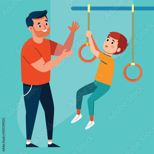 Capture the heartwarming moment of a father assisting his son with a pull-up on gymnastic rings in this charming illustration. Perfect for promoting family fitness, teamwork, and healthy lifestyles, t