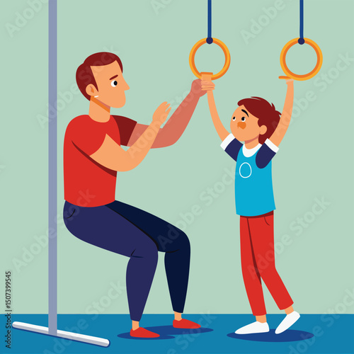 Capture the heartwarming moment of a father assisting his son with a pull-up on gymnastic rings in this charming illustration. Perfect for promoting family fitness, teamwork, and healthy lifestyles, t