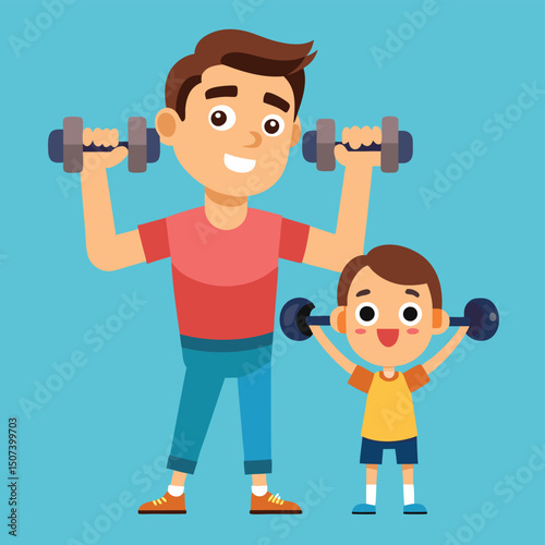 Enjoy the playful energy of our cartoon illustration featuring a father and son lifting dumbbells together. Perfect for family fitness themes, health and wellness projects, and educational materials p