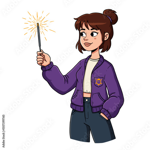 Young girl holding a sparkler with a confident expression, wearing a purple jacket and high-waisted jeans