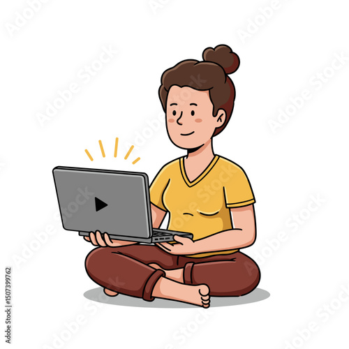 Wellness blogger sitting on the floor with a laptop, smiling while watching a video in a cozy outfit