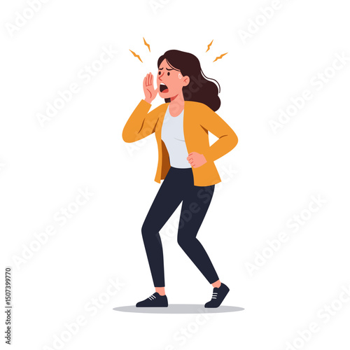 Young woman shouting loudly with an upset expression, wearing a yellow jacket and black pants