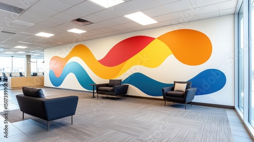 Vibrant abstract wave mural in modern office lobby