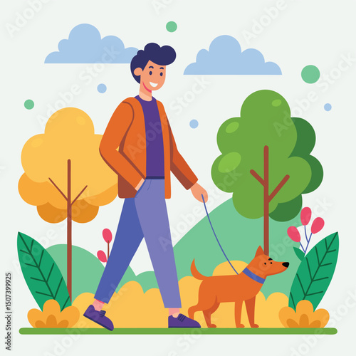 Explore our vector flat illustration of a dog lover enjoying a walk in the park with their furry companion. Perfect for pet care themes, outdoor activities, and leisurely strolls, this graphic capture