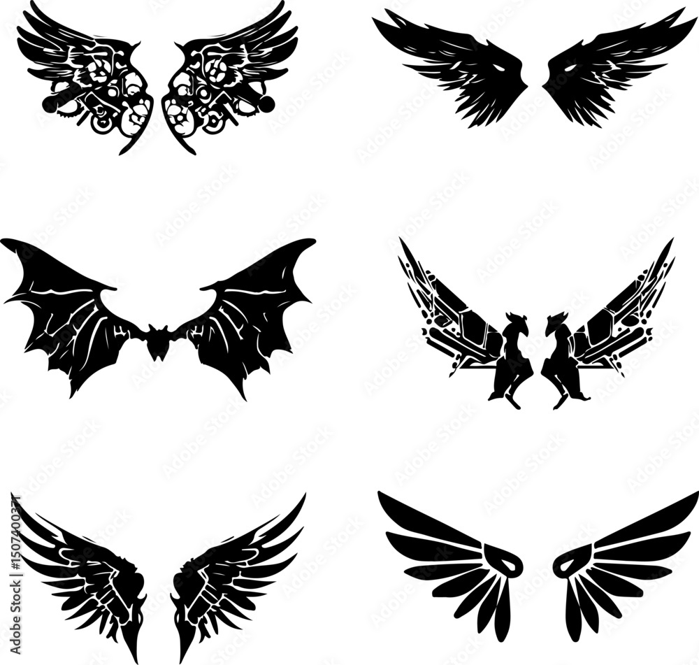 Obraz premium Six stylized black angel wings, perfect for graphic design.