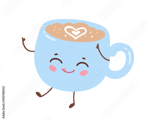 Vector illustration of a smiling latte cup with heart foam art. Flat design character isolated on white background.