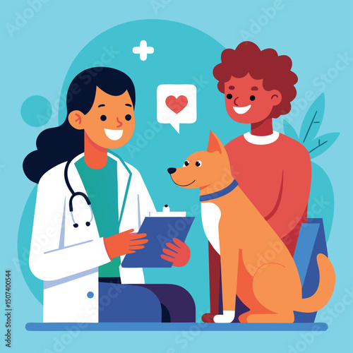 Experience our flat color illustration depicting a veterinary consultation. Ideal for veterinary clinics, pet care services, and medical illustrations, this graphic portrays a professional consultatio