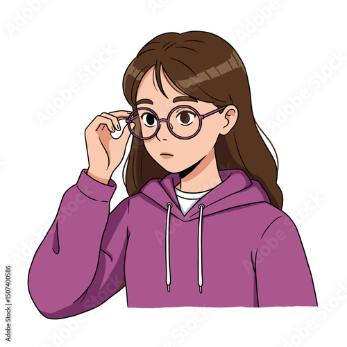 Young girl adjusting her glasses while wearing a purple hoodie with a curious expression