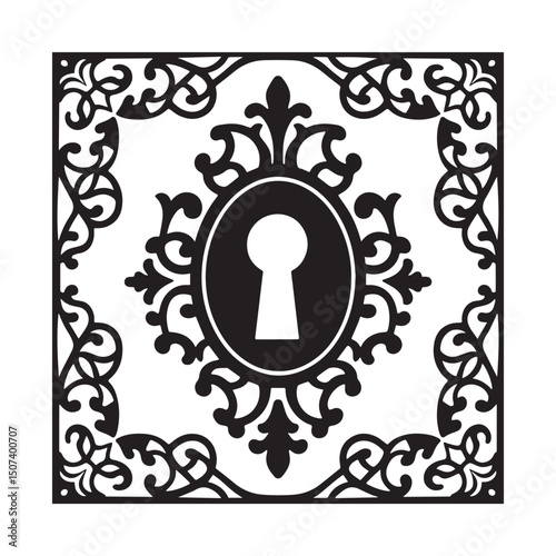 Ornate keyhole surrounded by intricate filigree Silhouette white Background.