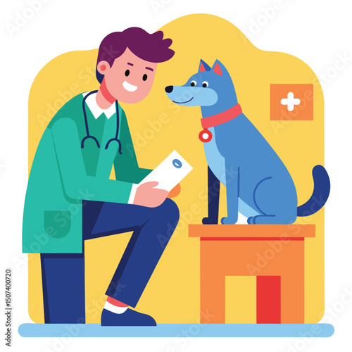 Explore our vector flat color illustration depicting a veterinary examination. Perfect for veterinary clinics, pet care services, and medical illustrations, this graphic captures the caring and profes