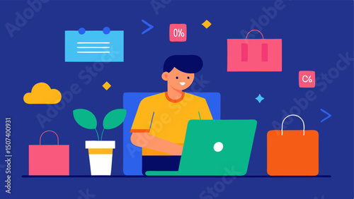 Customer on Laptop A person sits at a desk surrounded by shopping bags with a laptop open displaying a vibrant online store and bright SALE notifications bouncing off the screen.