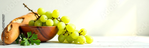 warm sunlight casts golden glow beautifully styled still life emerald green grapes spilling rustic wooden bowl nestled