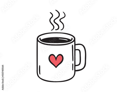 Mug of hot drink with cute doodle heart isolated hand drawn icon. Outline drawing cup with hot coffee or tea line clipart symbol