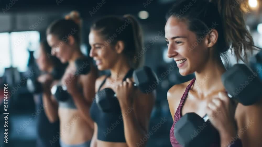 Group of women exercising with dumbbells in a lively gym during a fitness class session
