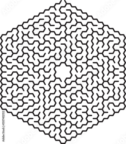 Complex Hexagonal Maze Pattern Black Lines, White Background, Geometric Puzzle
