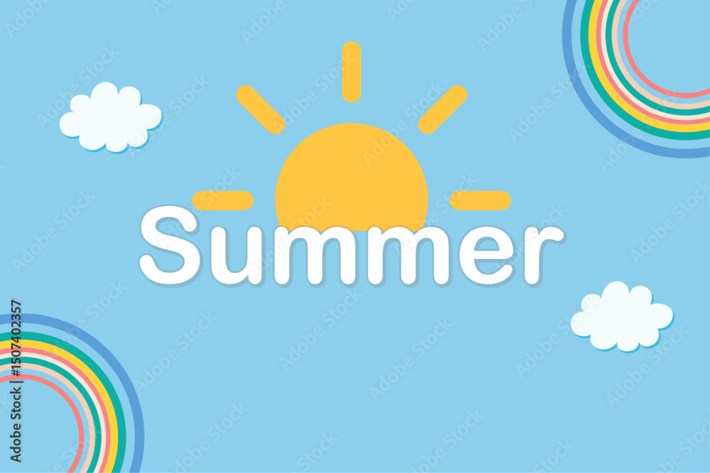 Fototapeta premium Bright summer sun with rainbows and clouds on blue background in cheerful cartoon flat design
