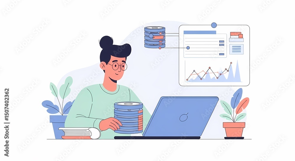 Naklejka premium Data Analyst Working with Databases and Analytics Charts on Laptop