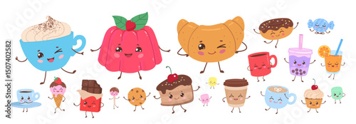 Vector illustration of cute desserts and beverages with smiling faces. Flat cartoon food characters isolated.