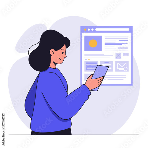 Engaged woman using a smartphone while looking at a digital screen with information 