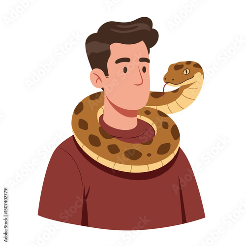 Calm man with a snake draped around his neck, showing a relaxed and confident expression
