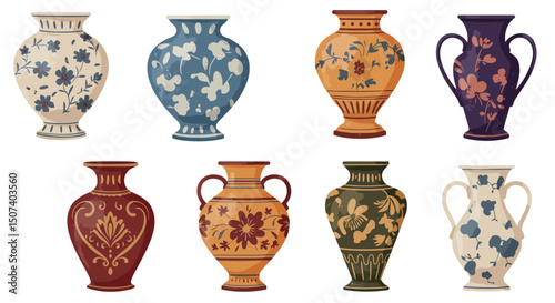 Colored ceramic vases set. Porcelain vase for flowers, antique pottery, floral and abstract patterns. Vase pottery for decoration. Trendy flat style isolated on white. Vector illustration