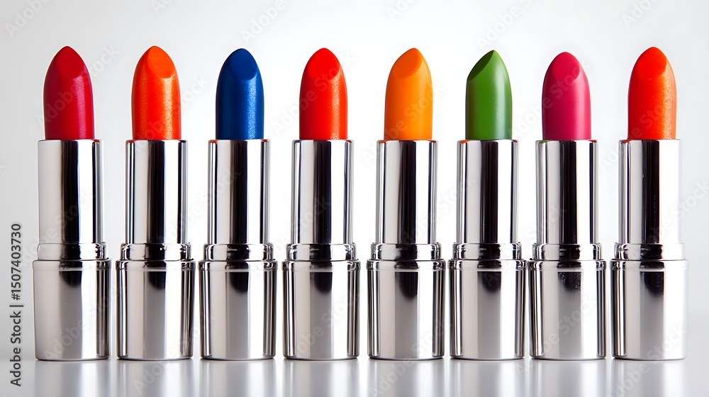 Obraz premium A Vibrant Collection of Colorful Lipsticks in Metallic Cases Displayed in a Row.